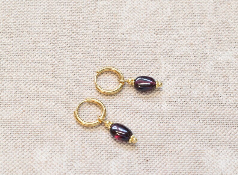 Small gold hoops with red garnet Dark red crystal earrings January birthstone gift image 4