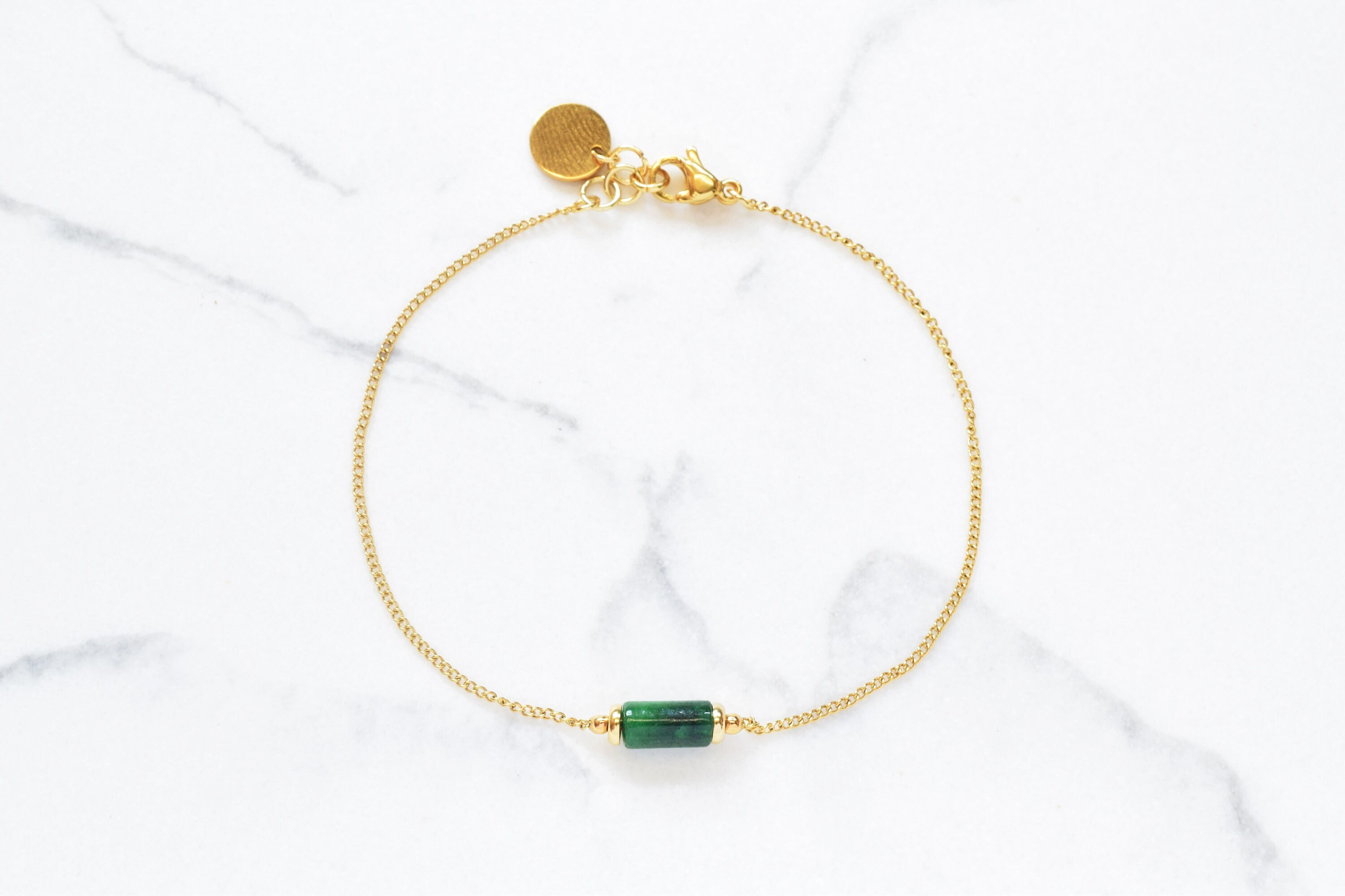 Green jade and gold chain bracelet | Dainty stainless steel chain wristlet | Jade jewelry gift for her
