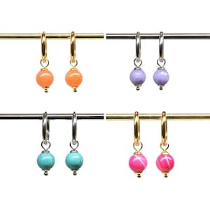 Hoops with detachable gemstone charms, Small stainless steel huggie hoops, Custom colors, Earring gift for her