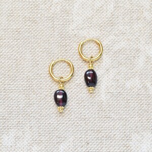 Small gold hoops with red garnet Dark red crystal earrings January birthstone gift Gold