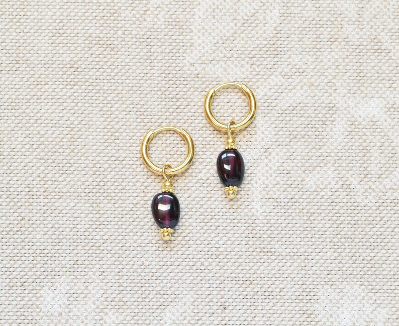 Small gold hoops with red garnet Dark red crystal earrings January birthstone gift Gold