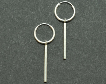 Minimalist silver bar hoop earrings | Unisex sterling silver stick charm earrings