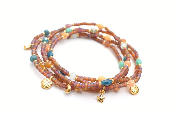 Natural con cuentas púrpura y azul impresión Jasper Cable de apilamiento Amistad Pulsera
