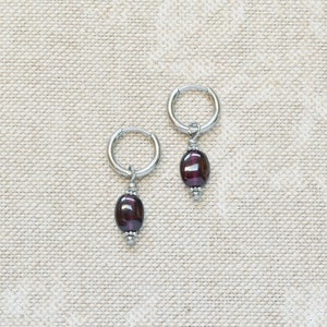 Small gold hoops with red garnet Dark red crystal earrings January birthstone gift Silver