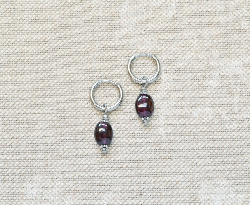 Small gold hoops with red garnet Dark red crystal earrings January birthstone gift Silver