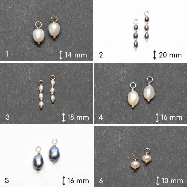 May include: Six pairs of pearl and gemstone jewellery pendants with gold and silver findings. The pendants are arranged in two rows of three. The pendants are all different sizes and shapes. The pendants are all white, black, and grey.