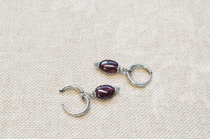 Small gold hoops with red garnet Dark red crystal earrings January birthstone gift image 7