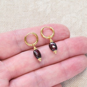 Small gold hoops with red garnet Dark red crystal earrings January birthstone gift image 8