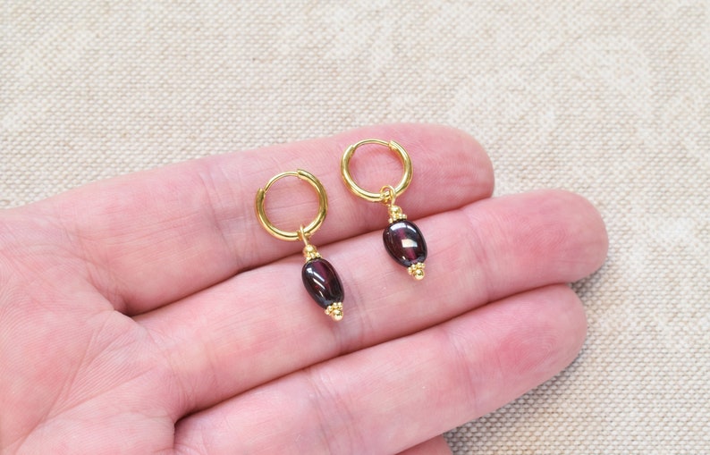 Small gold hoops with red garnet Dark red crystal earrings January birthstone gift image 8