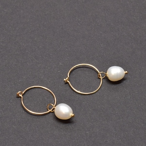 May include: A pair of gold hoop earrings with a single white pearl dangling from each hoop.