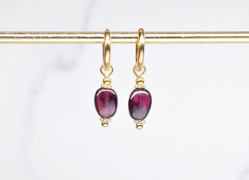 Small gold hoops with red garnet Dark red crystal earrings January birthstone gift image 2