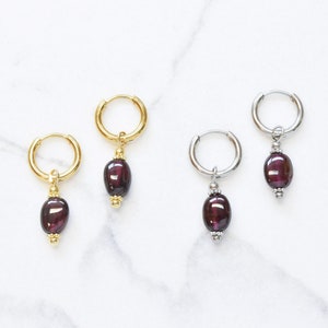 Small gold hoops with red garnet Dark red crystal earrings January birthstone gift image 5
