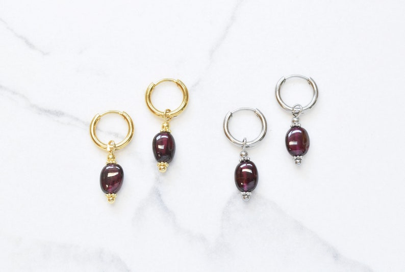 Small gold hoops with red garnet Dark red crystal earrings January birthstone gift image 5