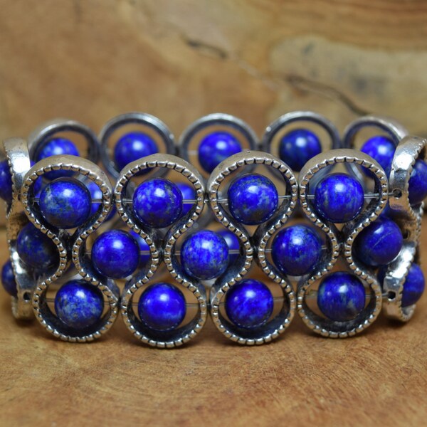 Lapis bracelet, Lapis lazuli beads, Gemstone cuff, Stretch cuff, Dark blue bracelet, Lapis jewelry, Gift for her, Dark blue cuff