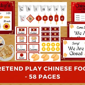 May include: A printable set of 58 pages for pretend play featuring a Chinese food theme. The set includes a menu, food items, fortune cookies, and signs for a Chinese food shop. The set is designed for children to use in pretend play.