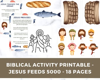 Könnte beinhalten: Ein druckbares Aktivitätsset für Kinder, um die biblische Geschichte von Jesus, der die 5.000 speist, zu lernen. Das Set enthält 18 Seiten mit Illustrationen von Jesus, Körben, Fischen, Brot und Menschen. Der Text "Jesus lehrt die Menge" und "Jesus sorgt vor" ist auf den Seiten enthalten.