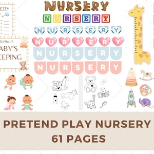 Könnte beinhalten: Ein Set mit 61 druckbaren Seiten für Spiel- und Lernaktivitäten im Kinderzimmer. Die Seiten zeigen Illustrationen von Babys, Tieren und Spielzeug sowie eine Tabelle mit Kinderreimen und eine Tabelle für den Babyschlaf. Die Seiten sollen Kindern helfen, Kinderreime, Tiere und Spielzeug kennenzulernen.