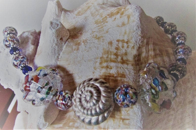 Dreaming of Silver and the Sea unique statement necklace of Thai silver and Venetian glass