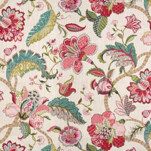 May include: A floral fabric with a white background and a repeating pattern of pink, red, and green flowers. The flowers are stylised and have intricate details.