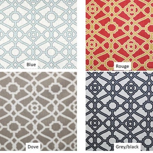 May include: Four fabric swatches with a geometric pattern. The swatches are labelled "Blue", "Rouge", "Dove", and "Grey/black".