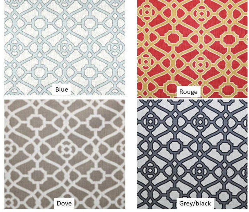 May include: Four fabric swatches with a geometric pattern. The swatches are labelled "Blue", "Rouge", "Dove", and "Grey/black".