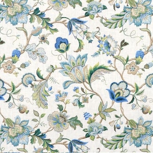 May include: A fabric pattern featuring a repeating botanical design with large blue and green flowers, intricate leaves, and winding brown vines on a white background. The floral motifs include various petal shapes and textures in shades of blue.