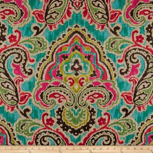K&ouml;nnte beinhalten: Ein farbenfroher Stoff mit einem Paisley-Muster in den Farben T&uuml;rkis, Rosa, Braun und Gr&uuml;n. Der Stoff hat eine strukturierte, gewebte Optik.