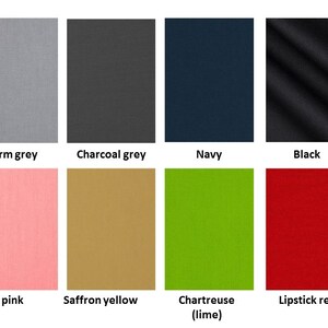 Puede incluir: Una carta de colores que muestra 12 muestras de tela diferentes. Las muestras están dispuestas en dos filas de seis. La fila superior incluye blanco, gris tormenta, gris antracita, azul marino, negro y marrón. La fila inferior incluye rosa chicle, rosa bebé, amarillo azafrán, verde chartreuse (lima), rojo de labios y naranja mandarina.