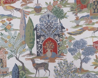 Paneles o cenefas de algodón Shalimar de P. Kaufman – Decoración del hogar en azul, marrón y gris.