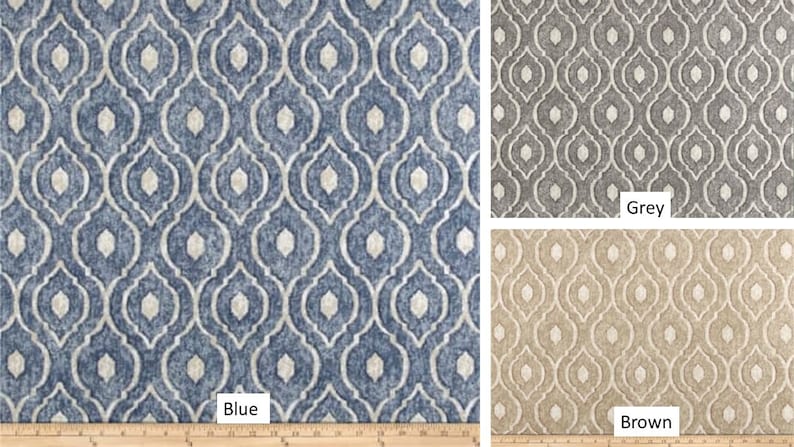 May include: Three fabric swatches with a geometric pattern. The swatches are blue, gray, and brown.