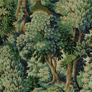 May include: A detailed fabric pattern featuring a forest scene with trees and foliage in shades of green, blue, and tan. The design has a tapestry-like quality, with intricate details and a naturalistic aesthetic. The overall theme is nature and the outdoors.