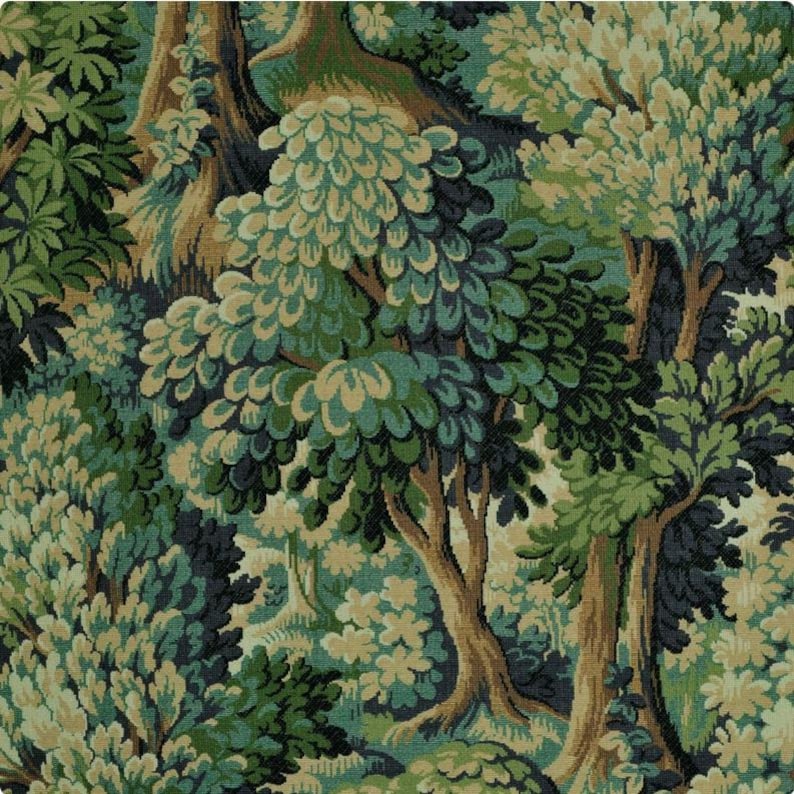 May include: A detailed fabric pattern featuring a forest scene with trees and foliage in shades of green, blue, and tan. The design has a tapestry-like quality, with intricate details and a naturalistic aesthetic. The overall theme is nature and the outdoors.