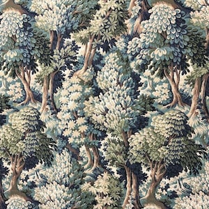 May include: A fabric with a detailed forest scene. The design features trees with green, blue, and cream-colored foliage and brown trunks. The pattern is dense, creating a textured, naturalistic look, suitable for home decor or apparel.