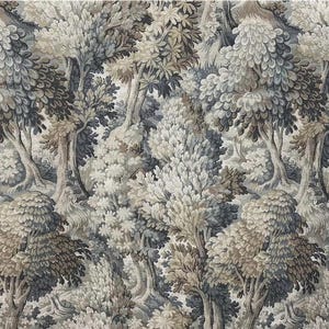 May include: A fabric with a repeating pattern of stylized trees in a forest scene. The color palette includes shades of gray, brown, and off-white, creating a muted, natural aesthetic. The design features detailed foliage and tree trunks.