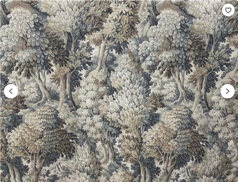 May include: A fabric with a repeating pattern of stylized trees in a forest scene. The color palette includes shades of gray, brown, and off-white, creating a muted, natural aesthetic. The design features detailed foliage and tree trunks.