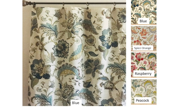 May include: Curtains featuring a floral design in shades of blue, green, and brown on a cream background. The curtains are displayed in four colour variations: blue, spice orange, raspberry, and peacock.