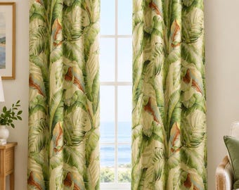 Pair of 25 or 50" Tommy Bahama Palmier Leaf Print Curtain Panels or Valance – Green Tropical Home Decor