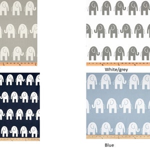 Puede incluir: Cuatro muestras de tela con un patrón repetido de elefantes blancos sobre fondos de colores diferentes. Las muestras están etiquetadas como "Gris", "Blanco/gris", "Azul marino" y "Azul".