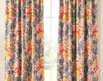 Pair Covington Venus floral rod pocket cafe curtains panels drapes charcoal cindersmoke OR 1 valance