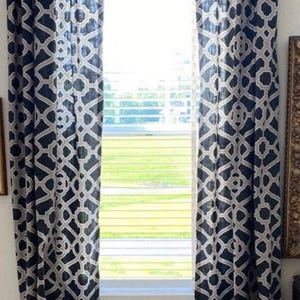 Pair 25 OR 50" wide P Kaufman Fretwork panels drape custom cafe curtains length 24 63 72 84 96 108 120 132" Tropic blue Or 1 valance image 1