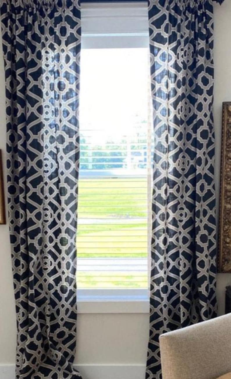Pair 25 OR 50" wide P Kaufman Fretwork panels drape custom cafe curtains length 24 63 72 84 96 108 120 132" Tropic blue Or 1 valance image 1