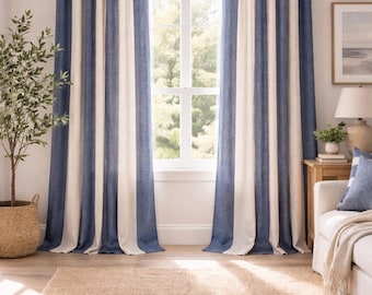 Panel drapeado 100 % lino, peso medio pesado, vertical, azul marino, negro y marfil, con bolsillo para varilla, opción de cenefa, fabricado en EE. UU.