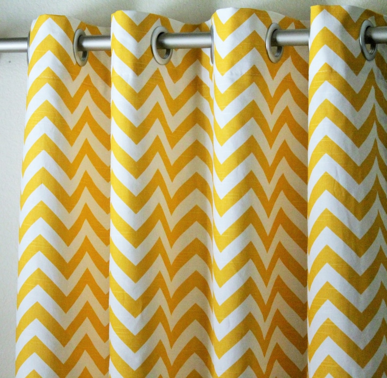 Pair of 25 wide cornmeal yellow and white chevron zig zag panels drapes curtains can add grommetslining 25x63 25x84 25x96 25x108