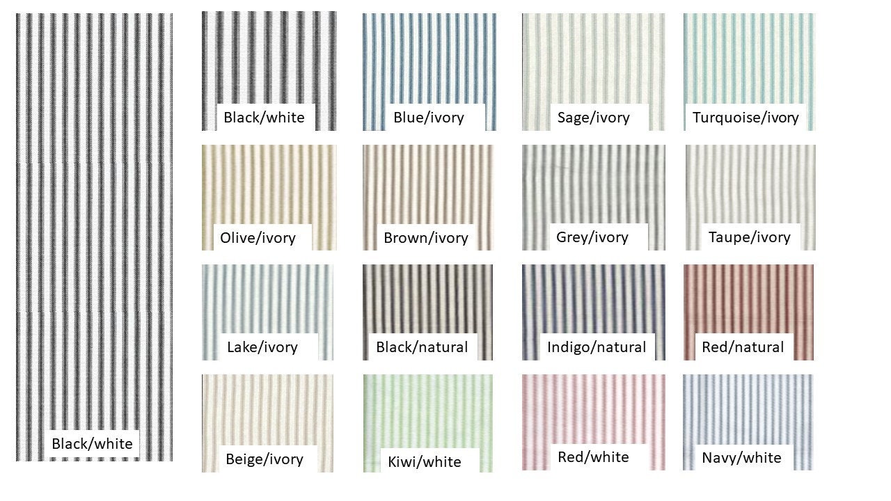 Pair 25 OR 50" wide Farmhouse ticking stripe rod panel drapes cafe curtains 24 36 48 63 84 96 108 long blue red black white or 1 valance