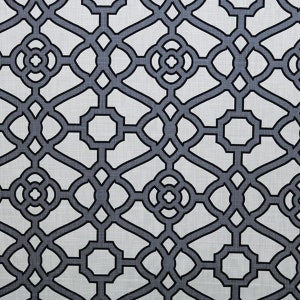 May include: A white fabric with a repeating geometric pattern of black interlocking circles and squares.