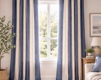 100% Linen Medium Heavy Weight Vertical Navy Black Ivory Curtains or Valance USA Made