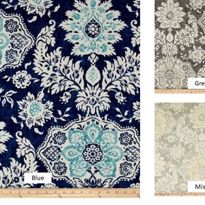 Pair 25 OR 50&quot; wide rod cafe curtains panels drapes Magnolia Belmont floral damask 24 63 72 84 96 108&quot; long blue beige grey OR 1 valance