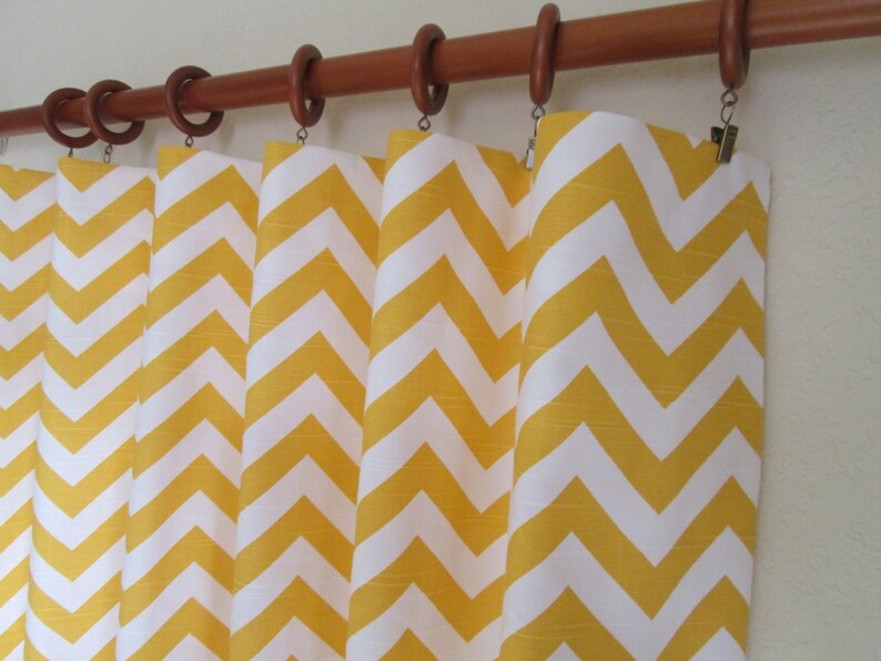 Pair of 25 wide cornmeal yellow and white chevron zig zag panels drapes curtains can add grommetslining 25x63 25x84 25x96 25x108