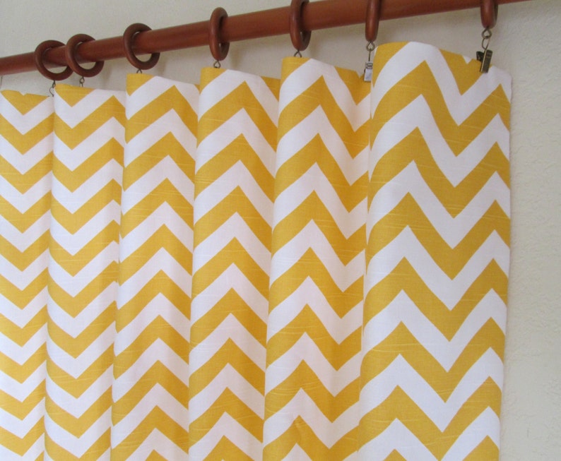Pair of 25 wide cornmeal yellow and white chevron zig zag panels drapes curtains can add grommetslining 25x63 25x84 25x96 25x108