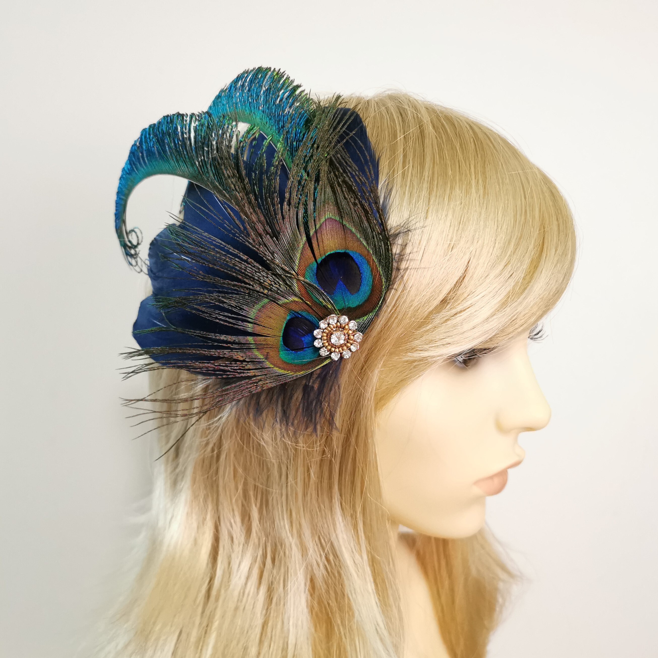 Navy Dark Blue Gold Fascinator Peacock 